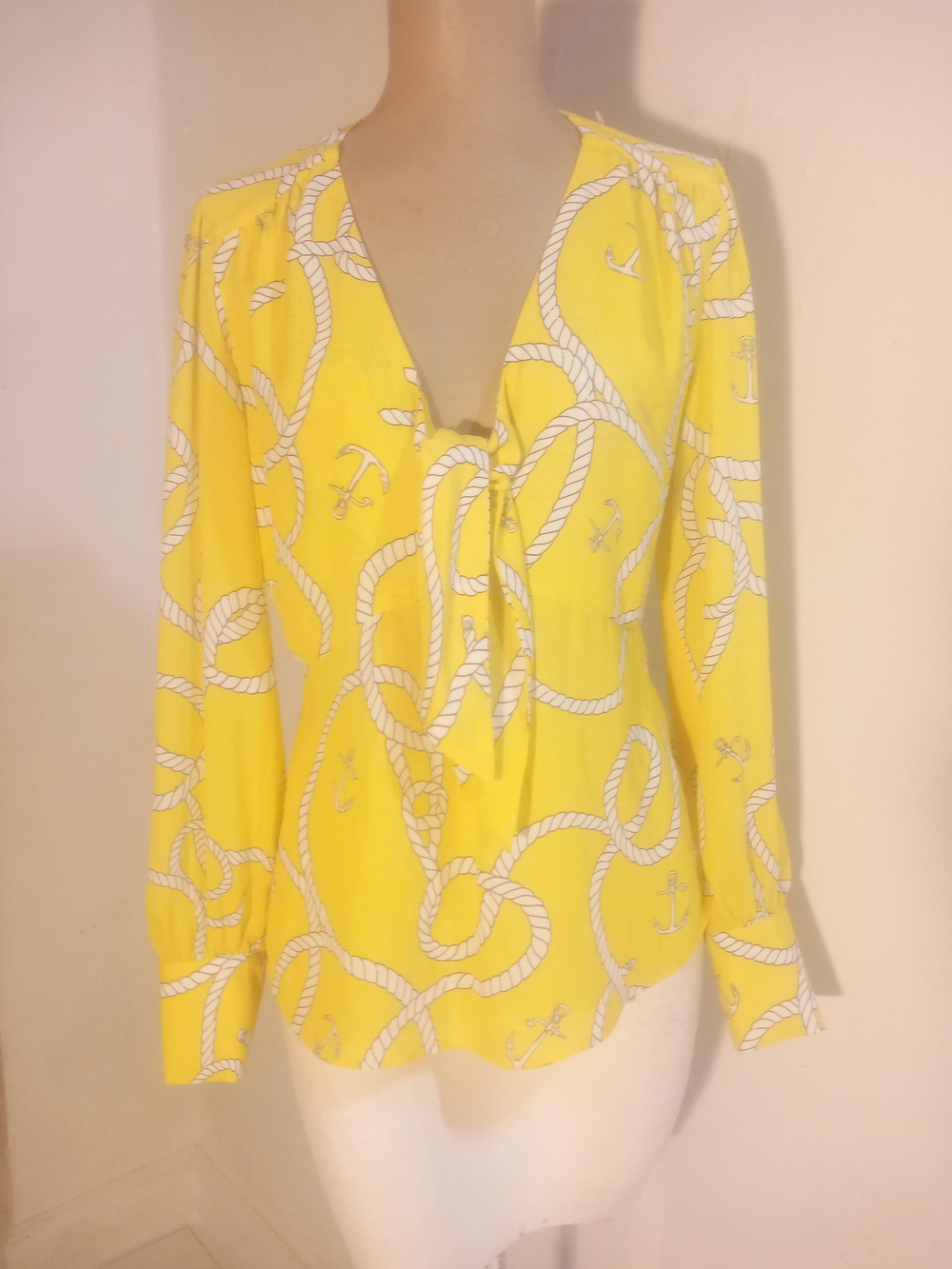 CAbi Yellow Rope-Print Tie-Front Button Down Top